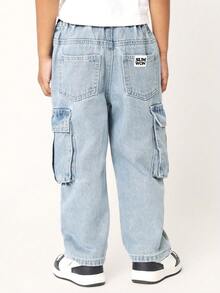 SUMWON Boys Casual Cargo Denim Jeans Retro Wide Leg Pants Utility Work Wear Streetwear Relaxed Fit With Side Pockets Fall Winter Fashion Youth Wear