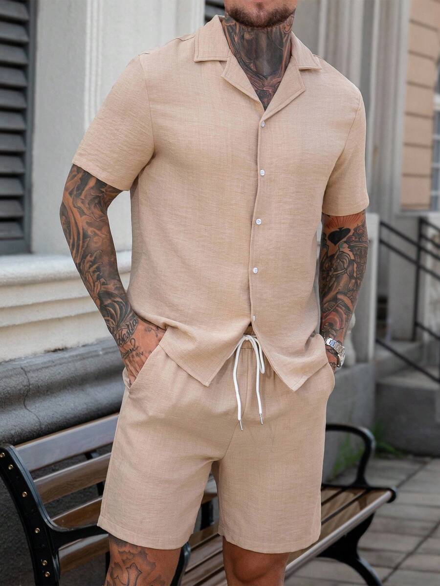 Manfinity Homme 2pcs Men's Cuban Collar Short Sleeve Textured Shirt Set - Khaki - View 1