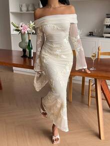 Serisse 女式露肩网眼花卉提花修身优雅中长连衣裙 - 杏色 - 查看 2