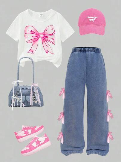 SHEIN Explorewe طقم بقطعتين (ملابس علوية وبنطلون) للبنات الصغيرات مطبوع عليه فراشات، بأكمام قصيرة وبنطلون جينز مع تريم من الفيونكة، مناسب للارتداء اليومي في الصيف