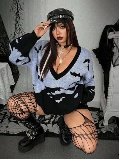 Whyspr Suéter holgado de manga larga con cuello en V, diseño de murciélago en jacquard morado de talla grande, estilo punk, adecuado para Halloween, otoño/invierno