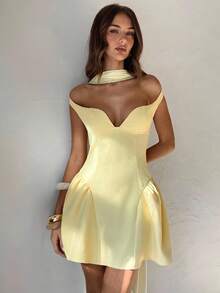 Aloruh Women's Off Shoulder Ruffle Hem Fashionable Mini Dress, Light Yellow - Light Yellow - View 7