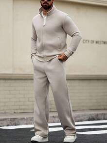 Manfinity Homme Men's Casual Solid Color Jacket And Pants Set, Fall Clothes, Cozy Outfits - Apricot - View 6