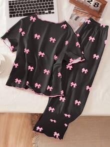 SHEIN 青少年女孩睡衣套装，黑色底色搭配粉色蝴蝶结印花，撞色饰边，短袖上衣和裤子，休闲家居服 - 黑色 - 查看 2