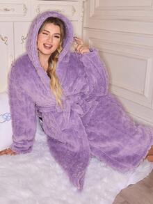 Plus Size Solid Color Hooded Fluffy Bathrobe, Winter Purple Robe Cozy Robe - Purple - View 4
