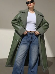Aveloria Modichic Green Faux Shearling Plus Size Collar Cinched Waist Casual Jacket For Plus Size Women - Green - View 6