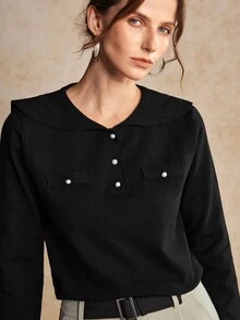 House of One Sailor Collar Button-Up Long Sleeves Black Sweater Top Women Autumn Winter Elegant Casual Wear