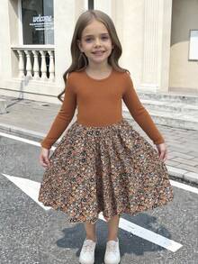 SHEIN 年轻女孩针织圆领修身拼布碎花梭织连衣裙