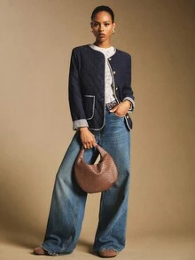 Poéselle 女式格子袖口圆领单排扣休闲冬季夹克