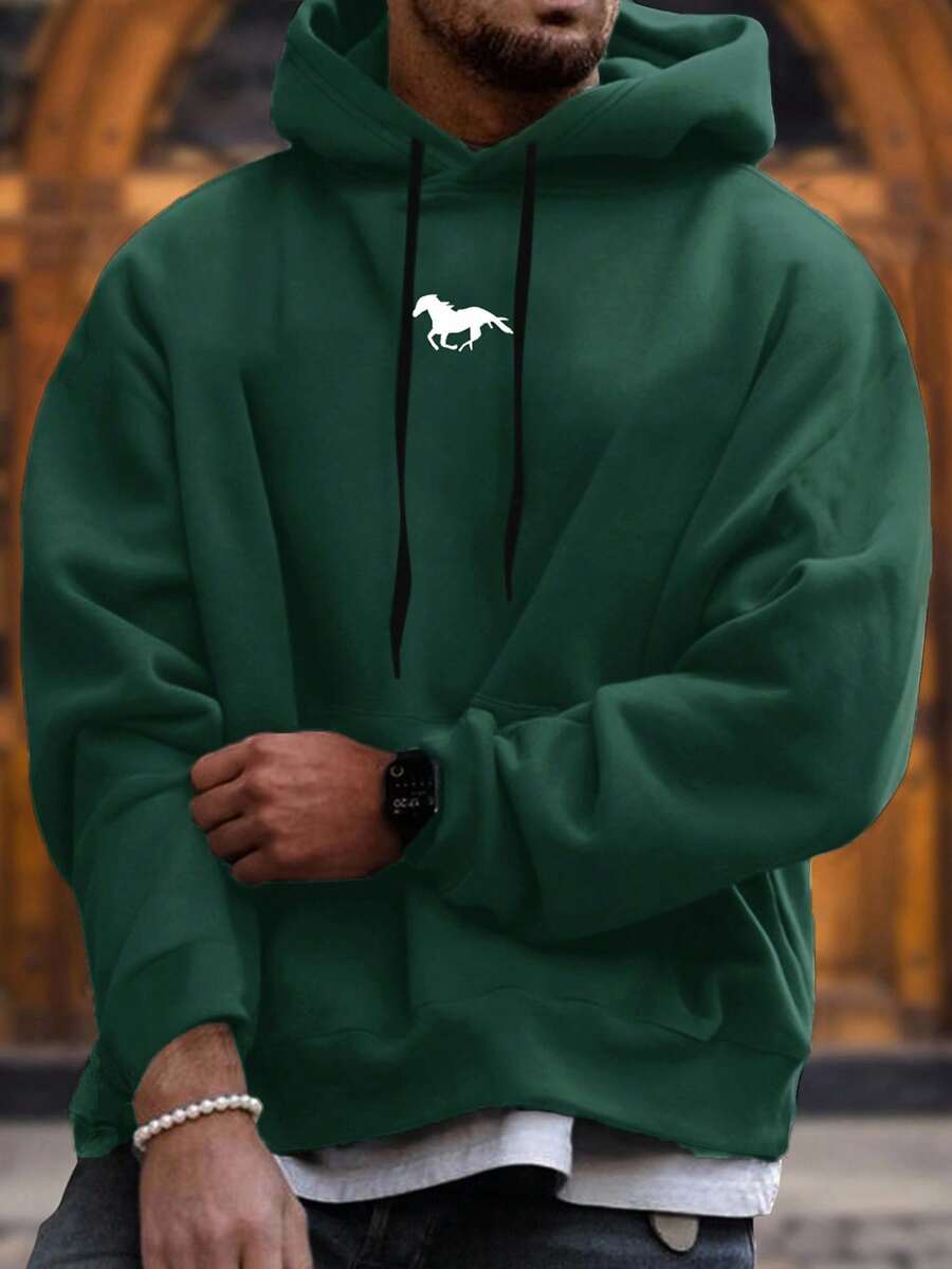 EURMUSE Męska bluza z kapturem i ściągaczem z nadrukiem konia, 100% bawełny
