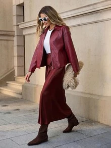 SHEIN Clasi Women's Casual Knitted PU Collar Jacket, Autumn/Winter - Burgundy - View 4