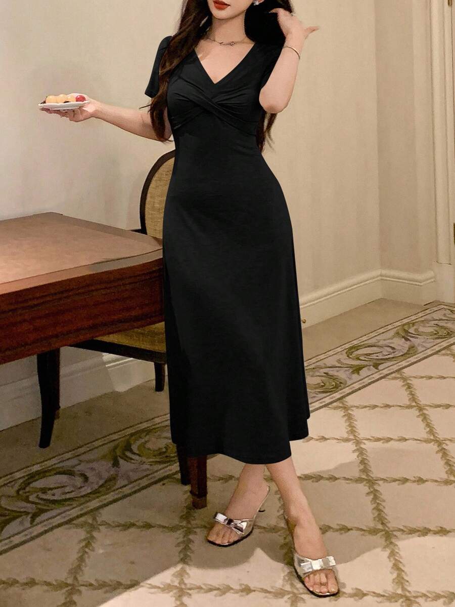 DAZY Minimalist Knit Bodycon Twist Design Women Loungewear Dress Pajama - Black - View 1