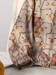 SHEIN Tween 女童休闲可爱卡通动物印花加厚夹克外套，袖口和下摆松紧设计，适合秋冬季散步、上学、通勤、购物等场合。可搭配毛衣、长袖、裤子、运动裤 - 卡其色 - 查看 7