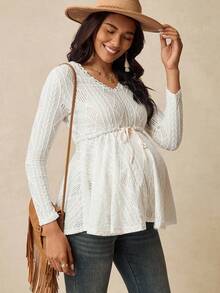 Boho Mama 孕妇几何纹理抽绳腰V领长袖T恤 - 杏色 - 查看 3