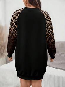 EMERY ROSE Plus Size Women Raglan Sleeve Leopard Print Sweatshirt Dress, Autumn Winter Fall - Multicolor - View 2
