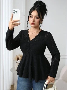 Modelyn Áo cánh tay dài cổ bèo nhún màu trơn cỡ lớn cho nữ - màu đen - Xem 4