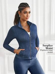 Flexra Áo khoác denim dáng ôm, giặt thường ngày, có khóa kéo phía trước dành cho nữ - Rửa tối - Xem 4