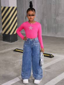 SHEIN Explorewe Tween Girls 新款时尚 Y2K 水钻耀眼宽腿宽松牛仔裤，适合日常休闲城市散步和户外穿着 - 中等水洗藍 - 查看 8