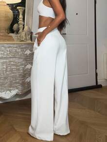 Ronhire Casual Straight High Waist Solid Color Trousers - White - View 3