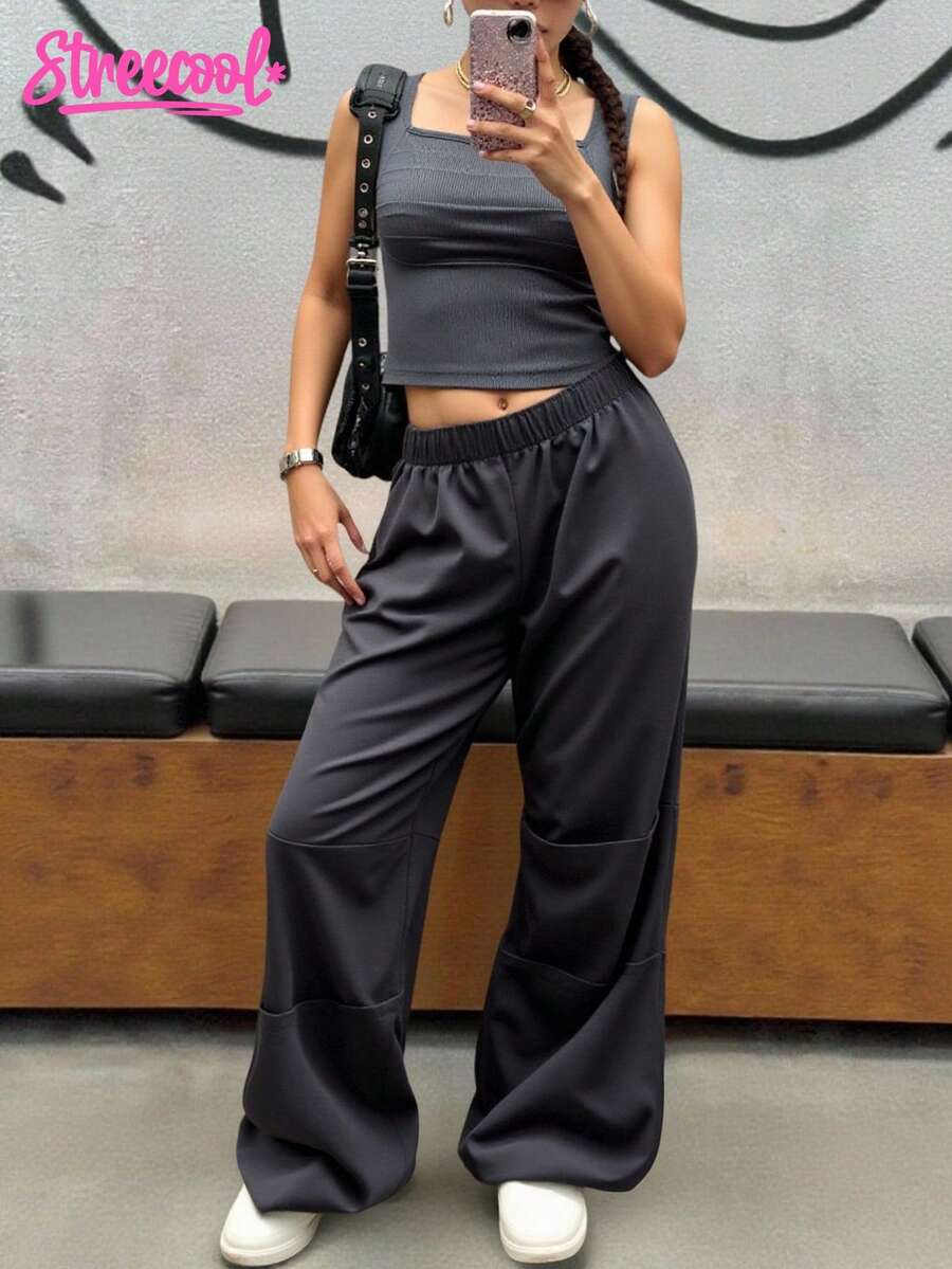 SHEIN Explorewe Teen Girls Solid Knit Pleated Square Neck Top And Straight Leg Cargo Pants 2 Pieces Set - Dark Grey - View 1