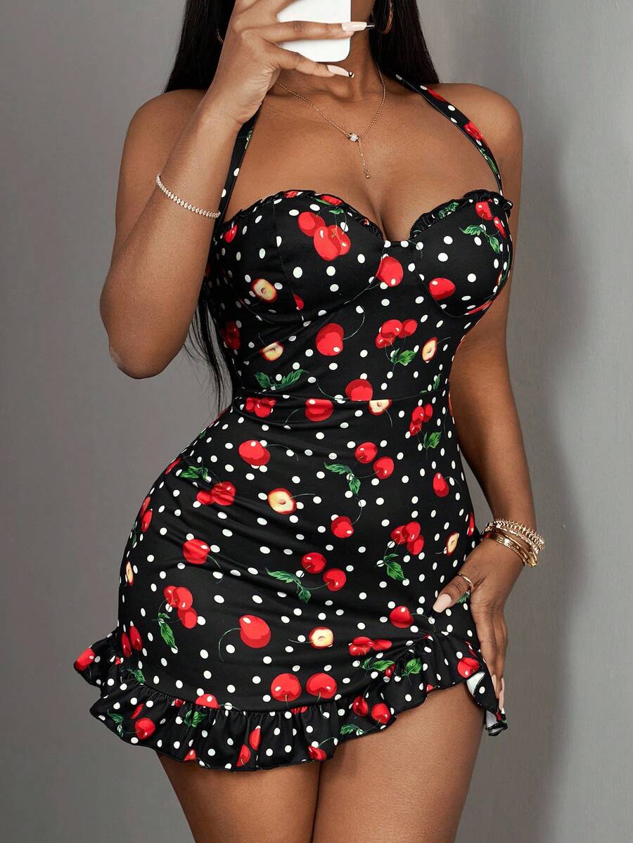 Slaydiva 2025 New Mini Cherry Pattern Sweet Bodycon Dress - Black - View 1
