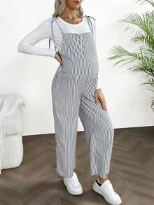 SHEIN 孕妇休闲时尚百搭条纹口袋连体裤