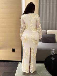 Flirla Party Plus Size Women's Elegant Sexy Lace Embroidered Knit Dress, Suitable For Autumn/Winter Wear, Airport Travel Outfit, Birthday Party, Club Party, Formal Occasion, Wedding Guest Dress, Romantic Dress Fall Cloth For Women - Apricot - View 2