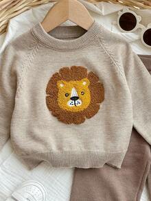 SHEIN 2pcs Baby Boy/Girl Cute Cartoon Lion Pattern Knitted Long Sleeve Sweater And Wide Leg Pants Set, Autumn/Winter Lion Baby Clothes Baby Boy Winter Sets Infant Boy Clothes Toddler 2 Piece Winter Clothing Neutral Baby Clothes Fall - Multicolor - View 5