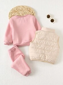 Cozy Pixies 3pcs Baby Girl Letter Print Knit Soft Crew Neck Long Sleeve Hoodie, Elastic Waist Pants And Sleeveless Vest Set Fall Winter