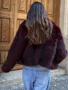 Aloruh Women's Fall/Winter Fluffy Thick & Warm Loose Fit Long SleeveFaux Fur Coat For Women , Fox Fur Coat, Mid-Length Fur Jacket, Young Fur Coat, New Short Outerwear,Cozy Fall And Winter Clothes For Women - Burgundy - View 3