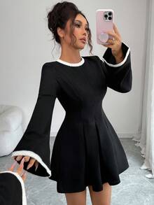 Elenzga Elegant Black & White Contrast Color Fitted Crew Neck Long Sleeve Mini Dress - Black - View 7