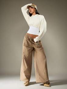 Missguided x Playboy 阔腿工装裤，腰部有抽绳，配有侧袋，适合休闲街头服饰 - 卡其色 - 查看 3