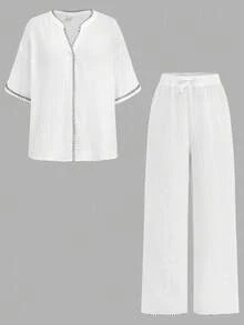 SHEIN 2pcs/Set Teen Girl Loose Casual Colorblock Knit Cardigan And Pants, Elegant Vacation Outfit - Black and White - View 1