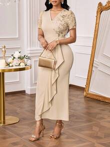 SHEIN Lady Women's Floral Sequin V-Neck Puff Sleeve Ruched Dress, Elegant - Khaki - View 6
