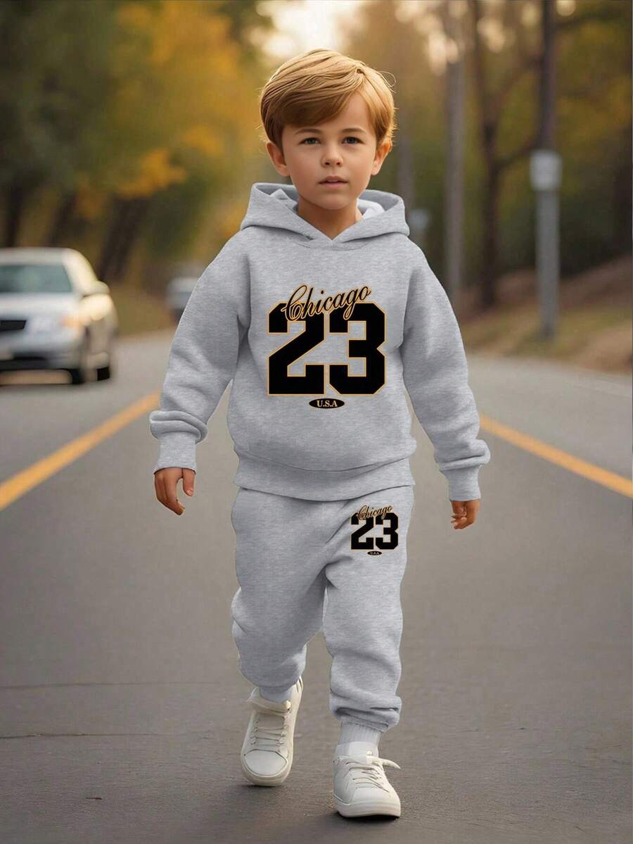 2pcs Young Boys Casual Comfortable Fashion Minimalist Versatile Numeric 23 & Chicago Letter Graphic Grey Hoodie Sweatshirt And Sweatpants Set, Autumn/Winter Fall - Grey - View 1