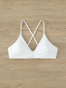 Swim Basics Summer Beach Plain Ruched Criss Cross Back Bikini Top - White - View 4