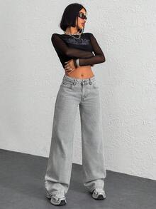 EURMUSE WOMEN CLASSIC LOW WAIST WIDELEG FIT LIGHT GRAY COLOR JEAN LONG LENTH BLACK BUTTON DETAIL - Light Grey - View 4
