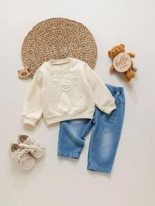 2件套男婴小熊压花加厚抓绒卫衣裤套装，杏色 - 彩色 - 查看 6