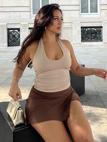 NegzBox Women's Elegant Beach Outfit Design, Solid Color Side Split Skort, Swimwear Bottoms - Coffee Brown - View 4