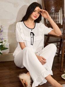 Côtesoire 女士荷叶边短袖上衣和裤子睡衣套装 - 白色 - 查看 2