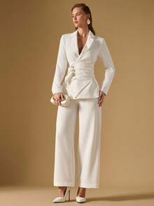 Briarwyn Áo khoác Blazer nữ màu trơn thanh lịch, thắt eo, thích hợp khi đi làm - trắng - Xem 3