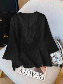 Rusticease Cămașă casual versatilă, cu imprimeu petic din dantelă, în culori solide - Negru - Vizualizare 2