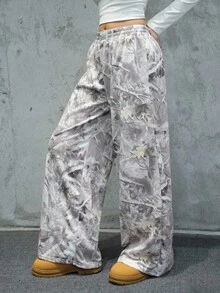 SHEIN Teen Girls Green Leaf Print Waistband Contrast Trim Loose Pants, Casual, Unisex, Outdoor Fall Winter