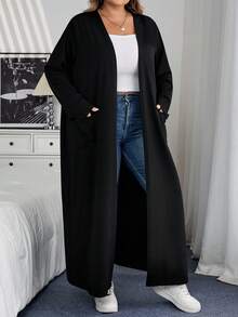 SHEIN CURVE+ Curve 大码/秋装/秋季女装/女冬装/冬装大码休闲日常纯橙色宽松口袋长款开衫毛衣外套，女装，春秋秋季女装，冬季，CURVE PLUS 大码开衫大码女装 8xl 女装 Curve 秋装 - 黑色 - 查看 5