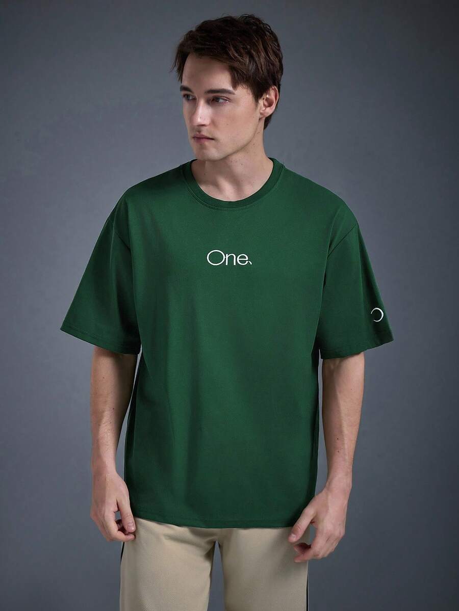 DRIFTMERE Men Letter Embroidery Tee For Summer Spring To Summer, Men Comfort And Soft Sports T-Shirts, Athleisure Style, Sporty Fashion - Dark Green - View 1