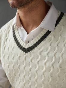 Manfinity Homme 男士休闲百搭撞色饰边针织毛衣背心，秋冬 - 白色 - 查看 7
