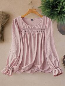 EMERY ROSE Blusa elegante y casual para mujer de talla grande con diseño de lunares sólidos, recortes de encaje y volantes - Rosa vieja - Ver 1