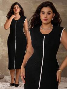 Flirla Vestido de punto de cuello redondo sin mangas para mujer de talla grande, elegante, de moda y versátil, para otoño/invierno - Negro - Ver 1
