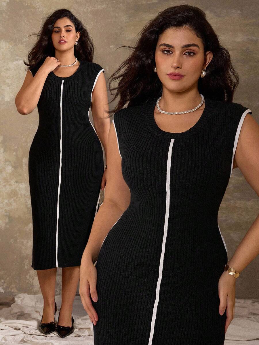 Flirla Vestido de punto de cuello redondo sin mangas para mujer de talla grande, elegante, de moda y versátil, para otoño/invierno - Negro - Ver 1