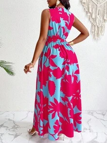 SOLERSUN Women's Plus Size Simple Everyday All Over Print Deep-V Neck Sleeveless Long Dress (Random Printing) - Hot Pink - View 2